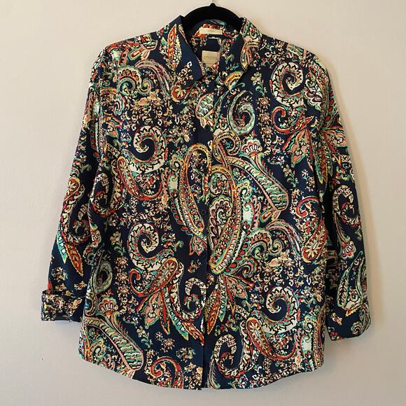 Chico's Women's size 1 / Medium / 8 Navy Blue Paisley Button Down Shirt Cotton - Picture 1 of 9
